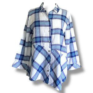 Habitat Womens Tunic Top Sz Medium Blue White Linen Blend Plaid Asymmetric Shirt